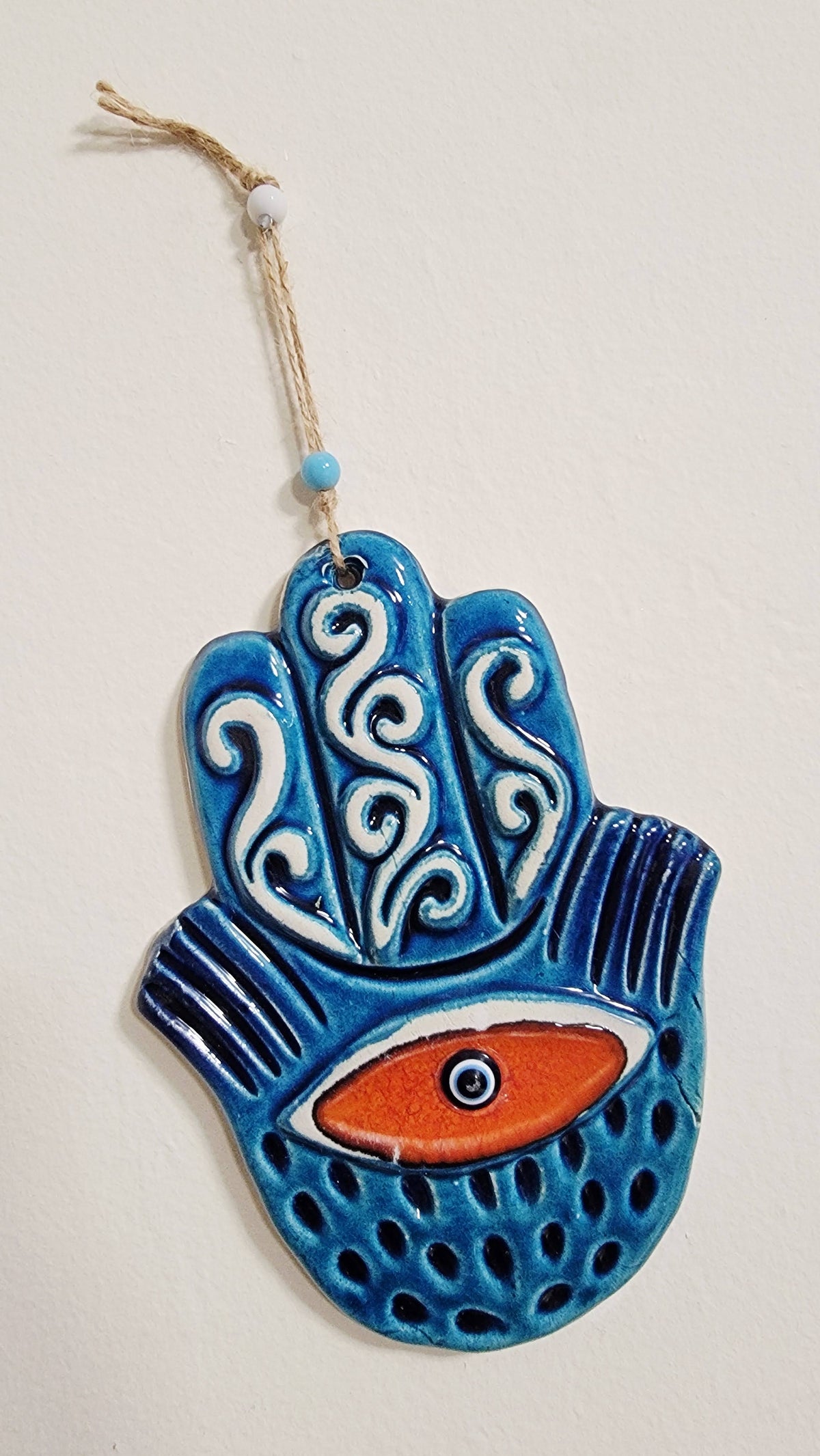 Handmade Ceramic Hamsa Hand Evil Eye Wall Hanging 12 Inch Red