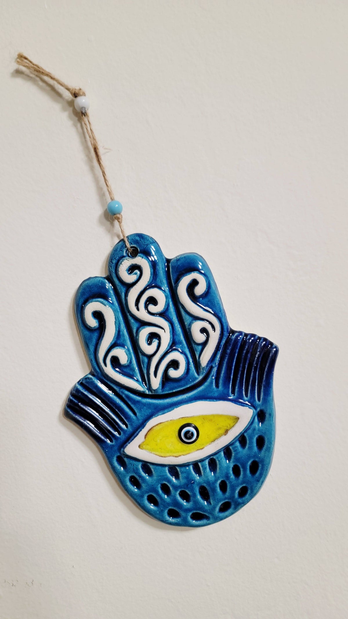 Handmade Ceramic Hamsa Hand Evil Eye Wall Hanging 12 Inch Yellow