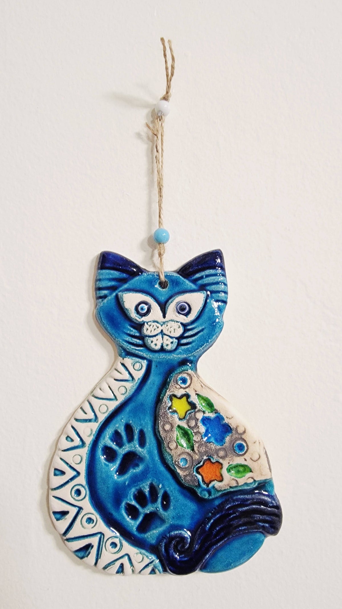 Handmade Blue Ceramic Cat Wall Hanging Mediterranean Decor 11.5 Inch