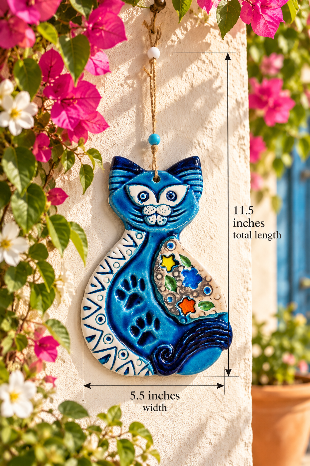 Handmade Blue Ceramic Cat Wall Hanging Mediterranean Decor 11.5 Inch