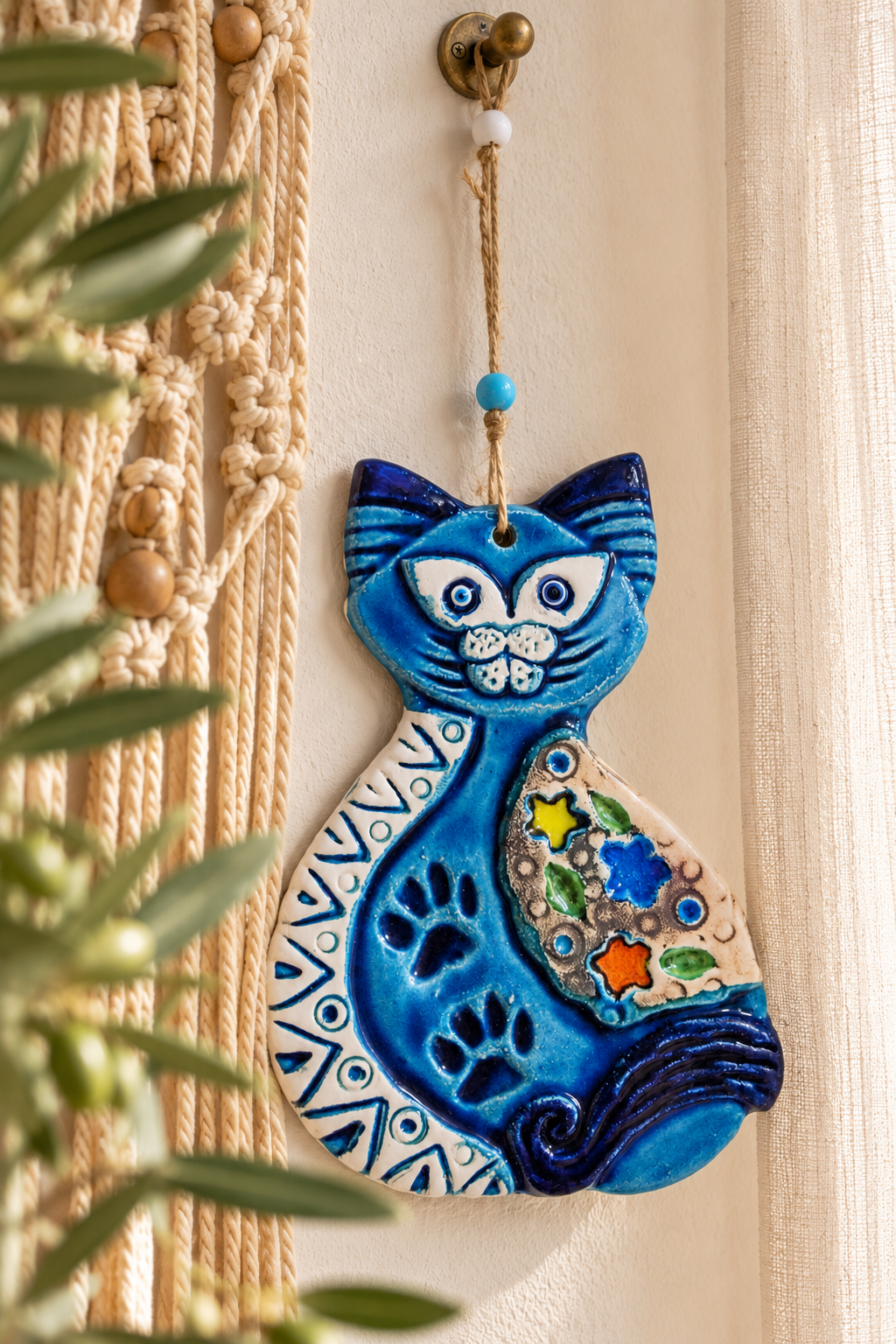 Handmade Blue Ceramic Cat Wall Hanging Mediterranean Decor 11.5 Inch