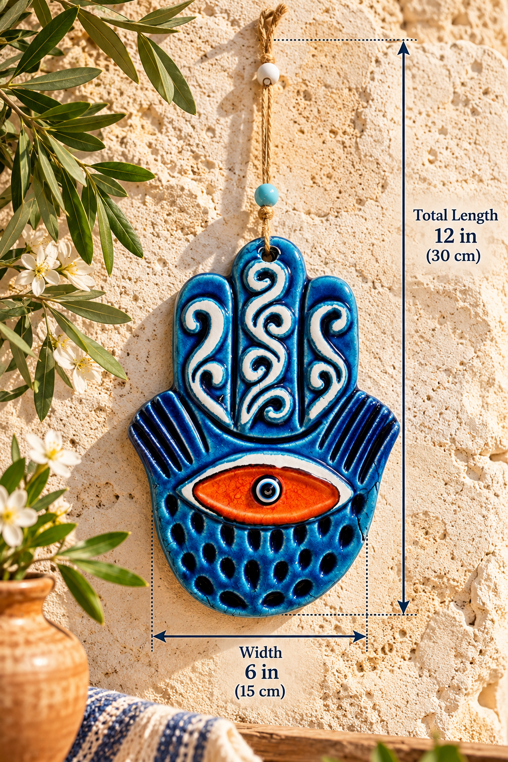 Handmade Ceramic Hamsa Hand Evil Eye Wall Hanging 12 Inch Red