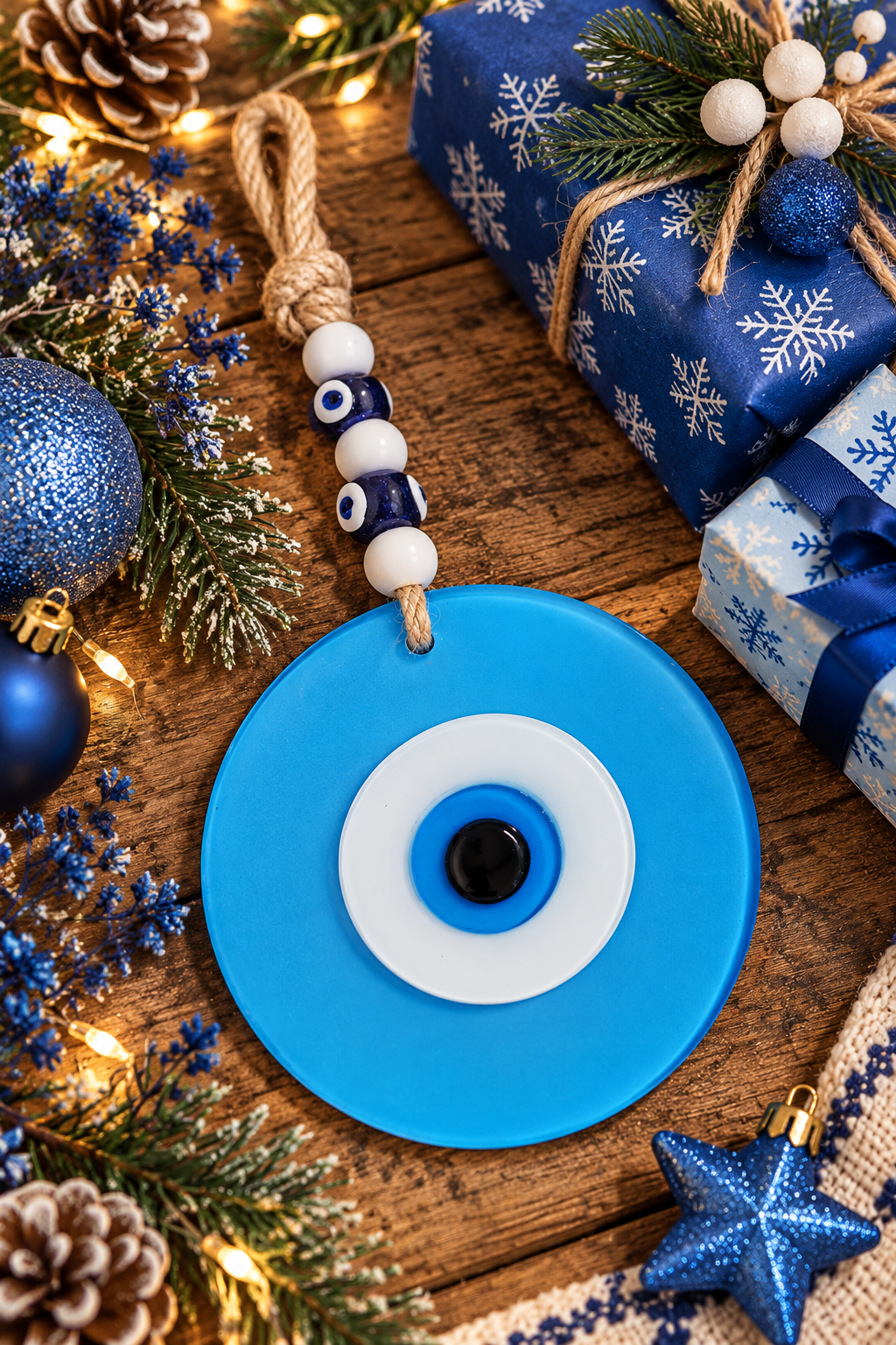 Large Matte Light Blue Glass Evil Eye Wall Hanging Handmade Nazar Home Decor