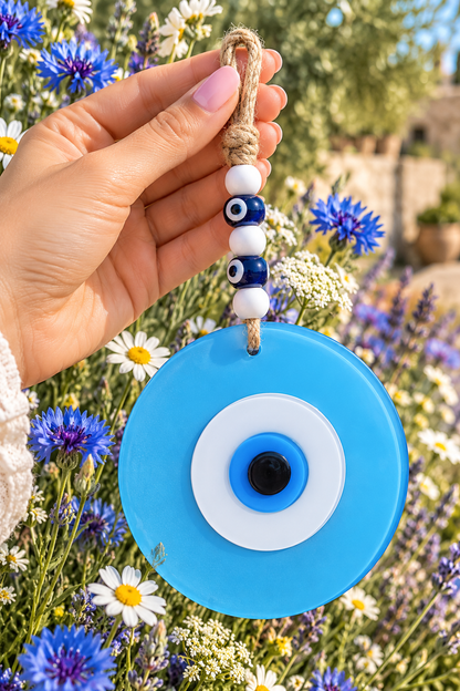 Large Matte Light Blue Glass Evil Eye Wall Hanging Handmade Nazar Home Decor