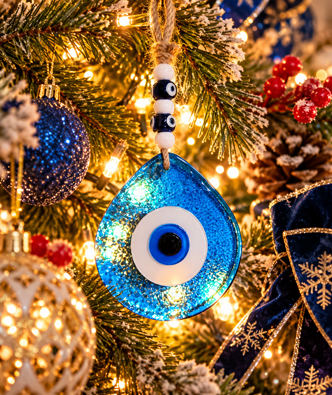 Jumbo Transparent Blue Glass Evil Eye Wall Hanging with Beads 10 Inch