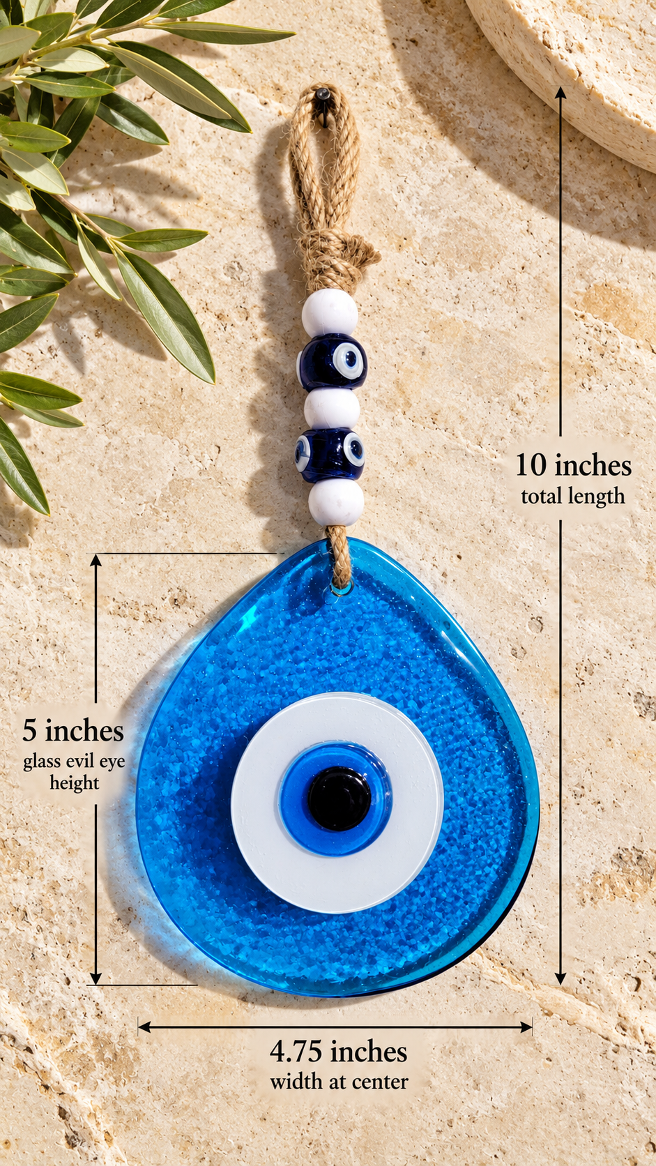 Jumbo Transparent Blue Glass Evil Eye Wall Hanging with Beads 10 Inch