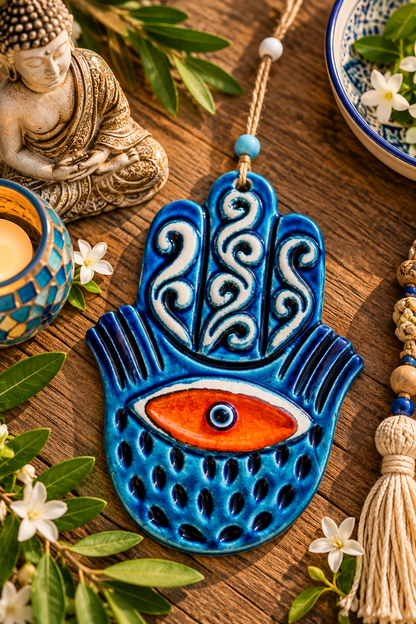 Handmade Ceramic Hamsa Hand Evil Eye Wall Hanging 12 Inch Red