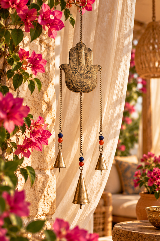 Hamsa Hand Wind Chime with Bells and Beads Boho Wall or Garden Decor