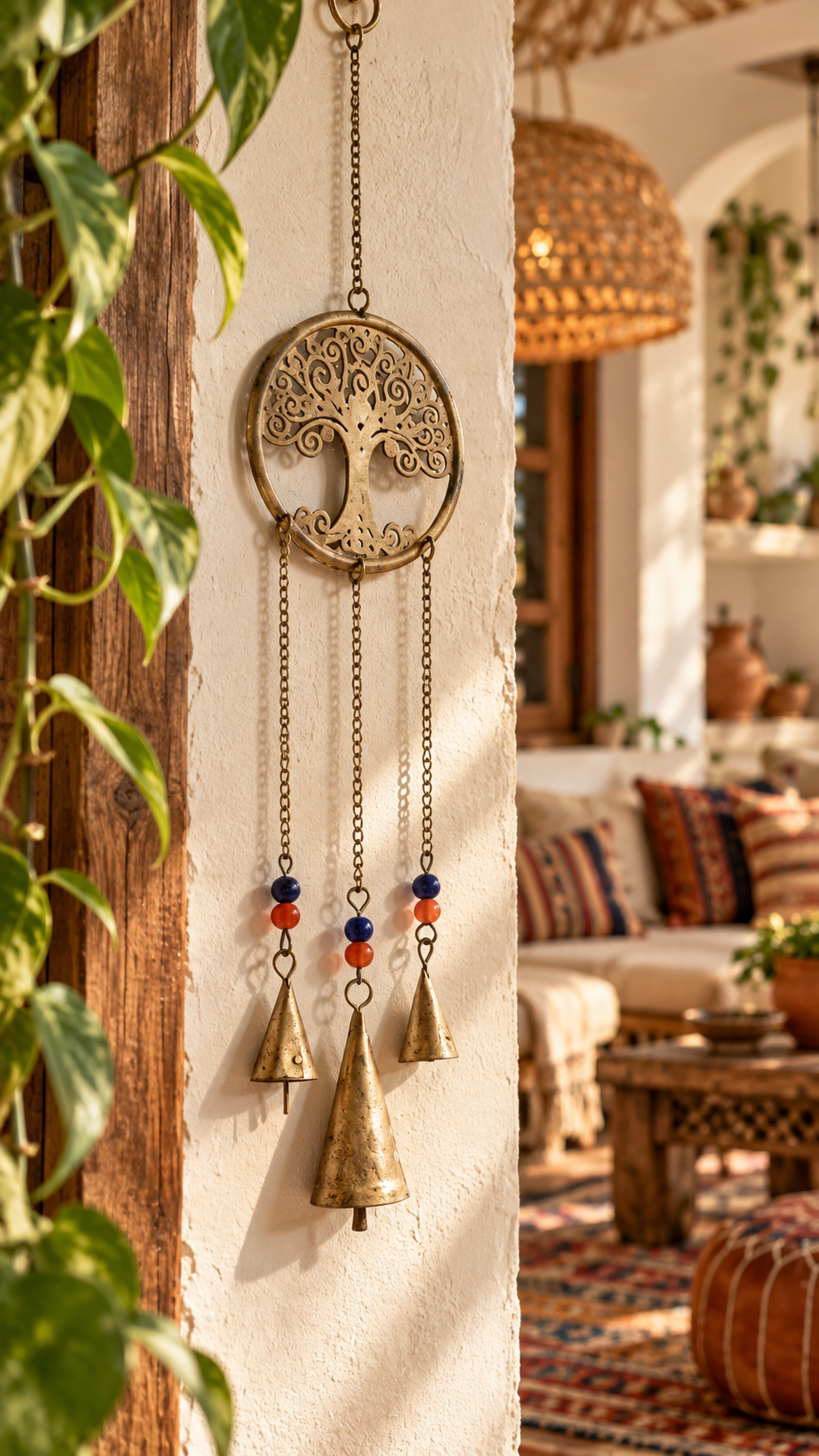 Tree of Life Metal Wind Chime with Bells and Colorful Beads 22.5 Inch