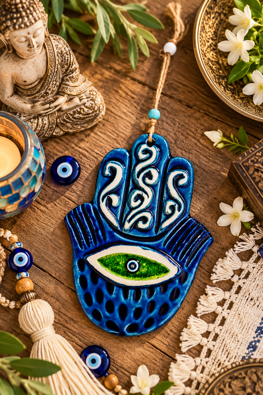 Handmade Ceramic Hamsa Hand Evil Eye Wall Hanging Blue Green 12 Inch