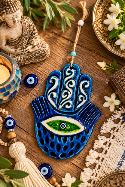 Handmade Ceramic Hamsa Hand Evil Eye Wall Hanging Blue Green 12 Inch