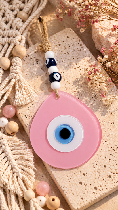 Jumbo Matte Pink Glass Evil Eye Wall Hanging with Beads 10 Inch