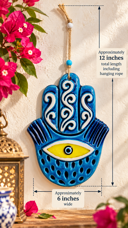 Handmade Ceramic Hamsa Hand Evil Eye Wall Hanging 12 Inch Yellow