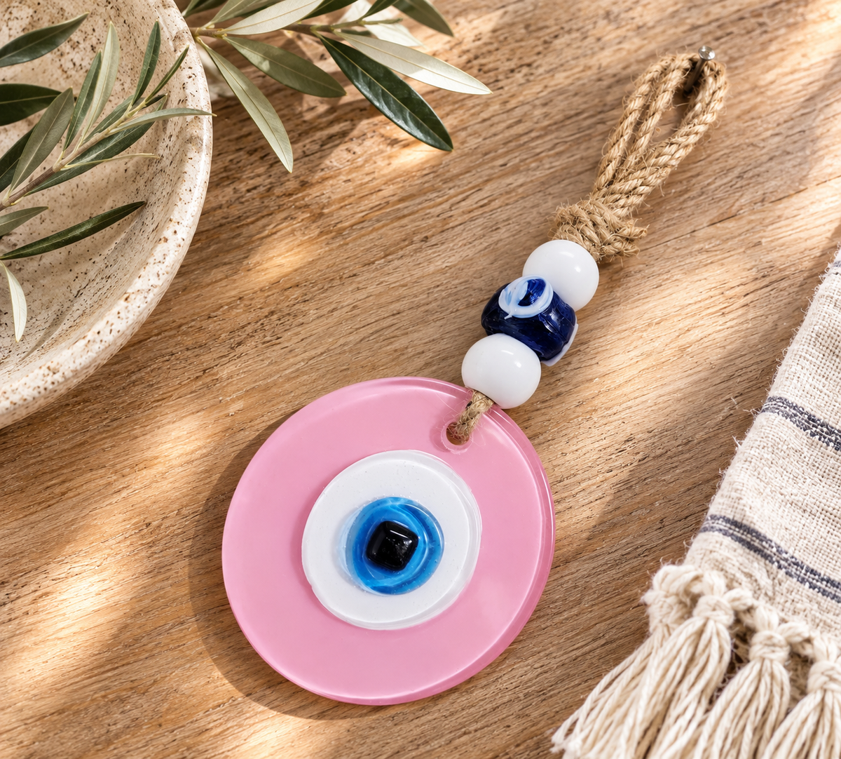 Evil Eye Wall Hanging, Handmade Glass Home Decor, Matte Pink Fusion 7 Inch