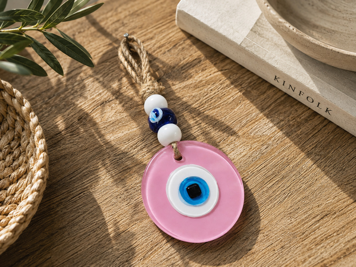 Evil Eye Wall Hanging, Handmade Glass Home Decor, Matte Pink Fusion 7 Inch