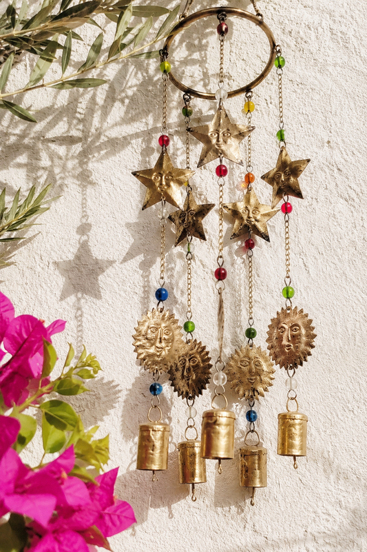 Carillon éolien soleil et étoile avec clochettes et perles, décoration de jardin bohème