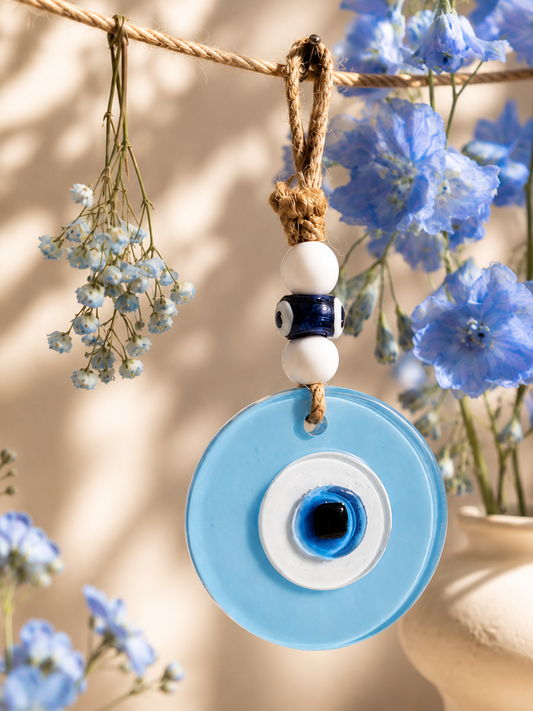 Evil Eye Wall Hanging, Handmade Glass Home Decor, Matte Blue Fusion 7 Inch