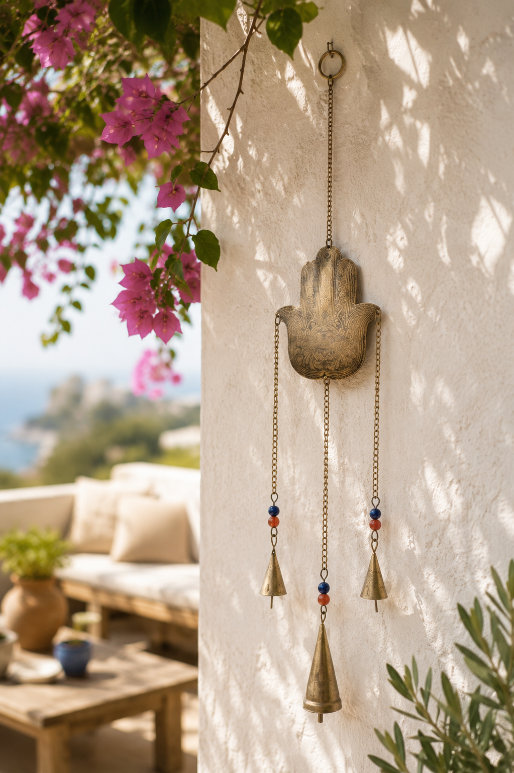 Carillon à vent main de Fatma avec clochettes et perles, décoration bohème pour mur ou jardin