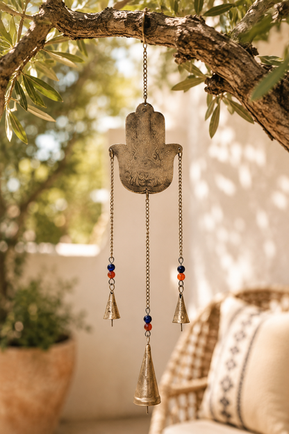 Carillon à vent main de Fatma avec clochettes et perles, décoration bohème pour mur ou jardin