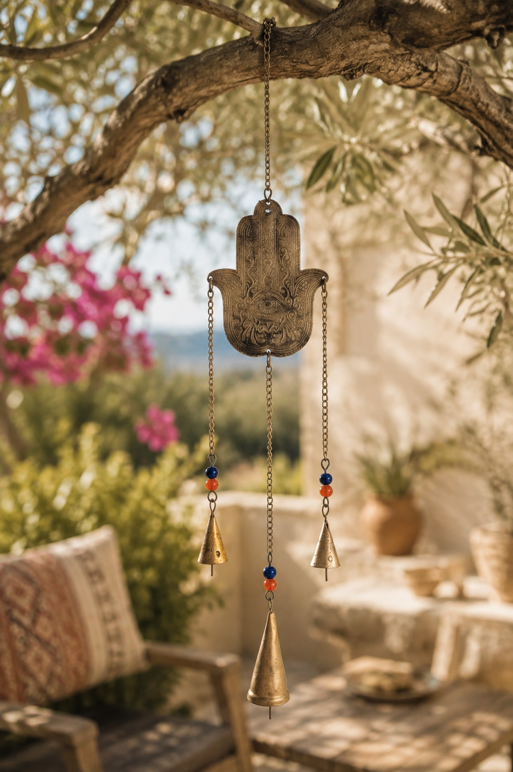 Carillon à vent main de Fatma avec clochettes et perles, décoration bohème pour mur ou jardin