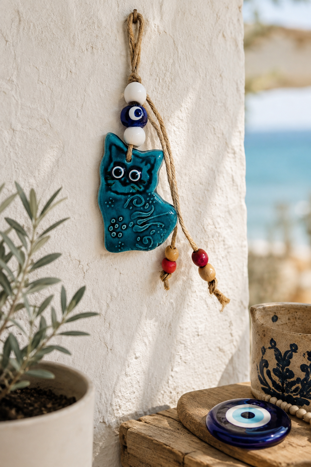 Décoration murale artisanale en céramique représentant un chat avec un œil bleu porte-bonheur (nazar)