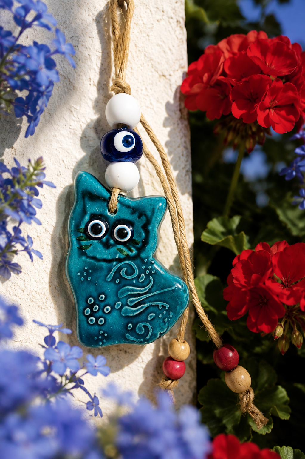 Décoration murale artisanale en céramique représentant un chat avec un œil bleu porte-bonheur (nazar)