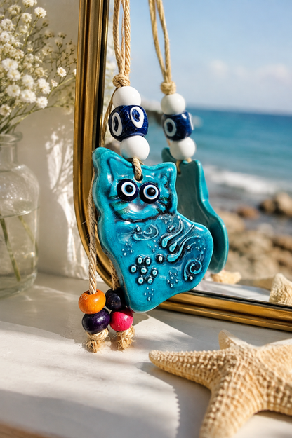 Décoration murale artisanale en céramique représentant un chat avec un œil bleu porte-bonheur (nazar)