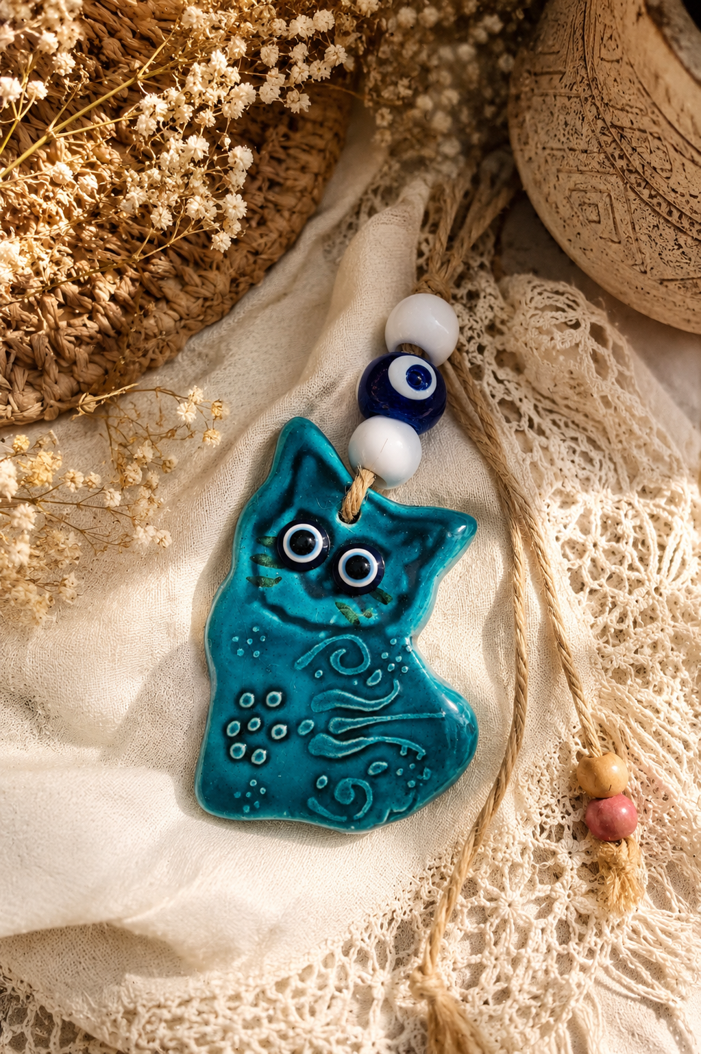 Décoration murale artisanale en céramique représentant un chat avec un œil bleu porte-bonheur (nazar)