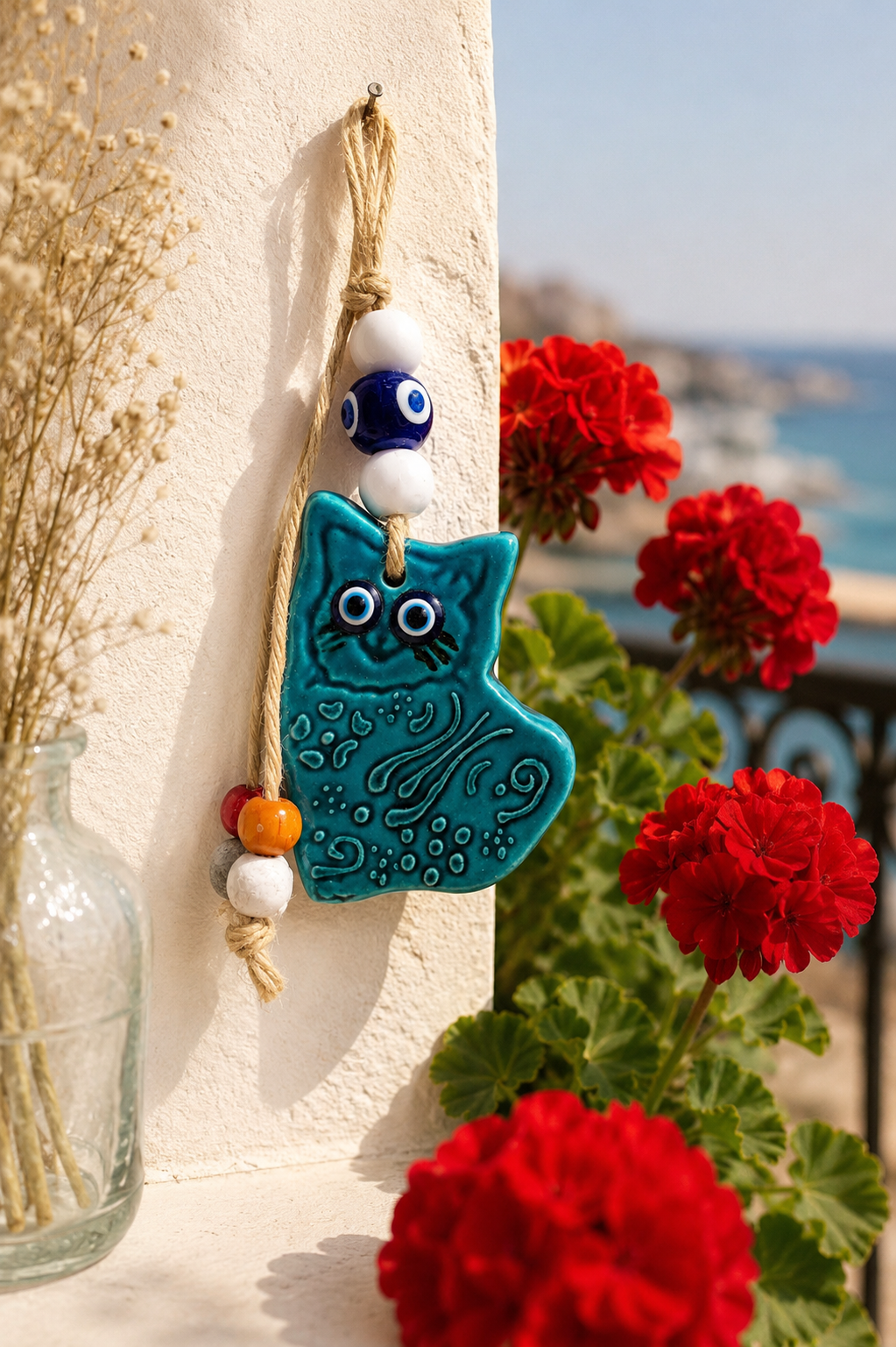Décoration murale artisanale en céramique représentant un chat avec un œil bleu porte-bonheur (nazar)