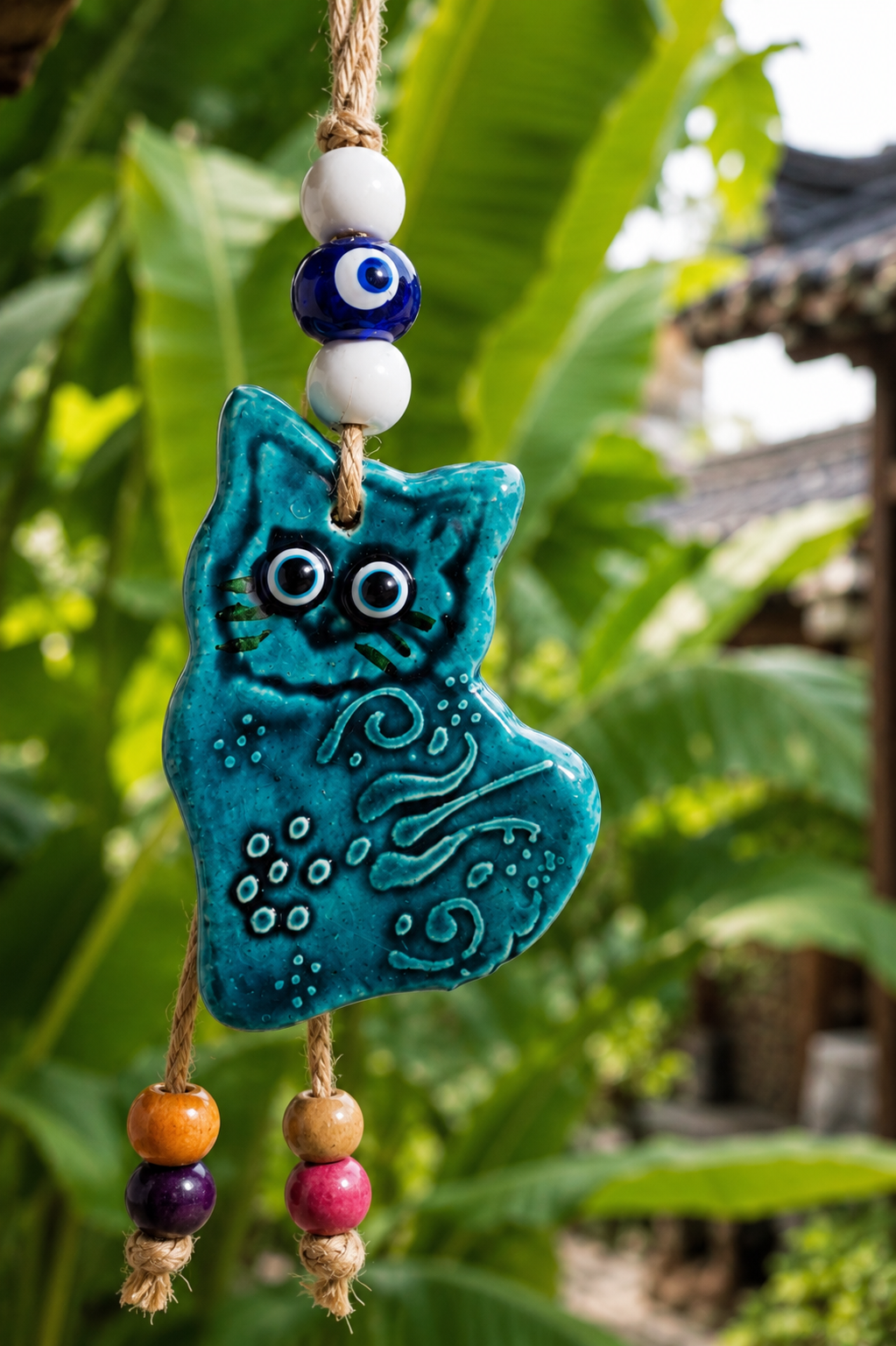 Décoration murale artisanale en céramique représentant un chat avec un œil bleu porte-bonheur (nazar)