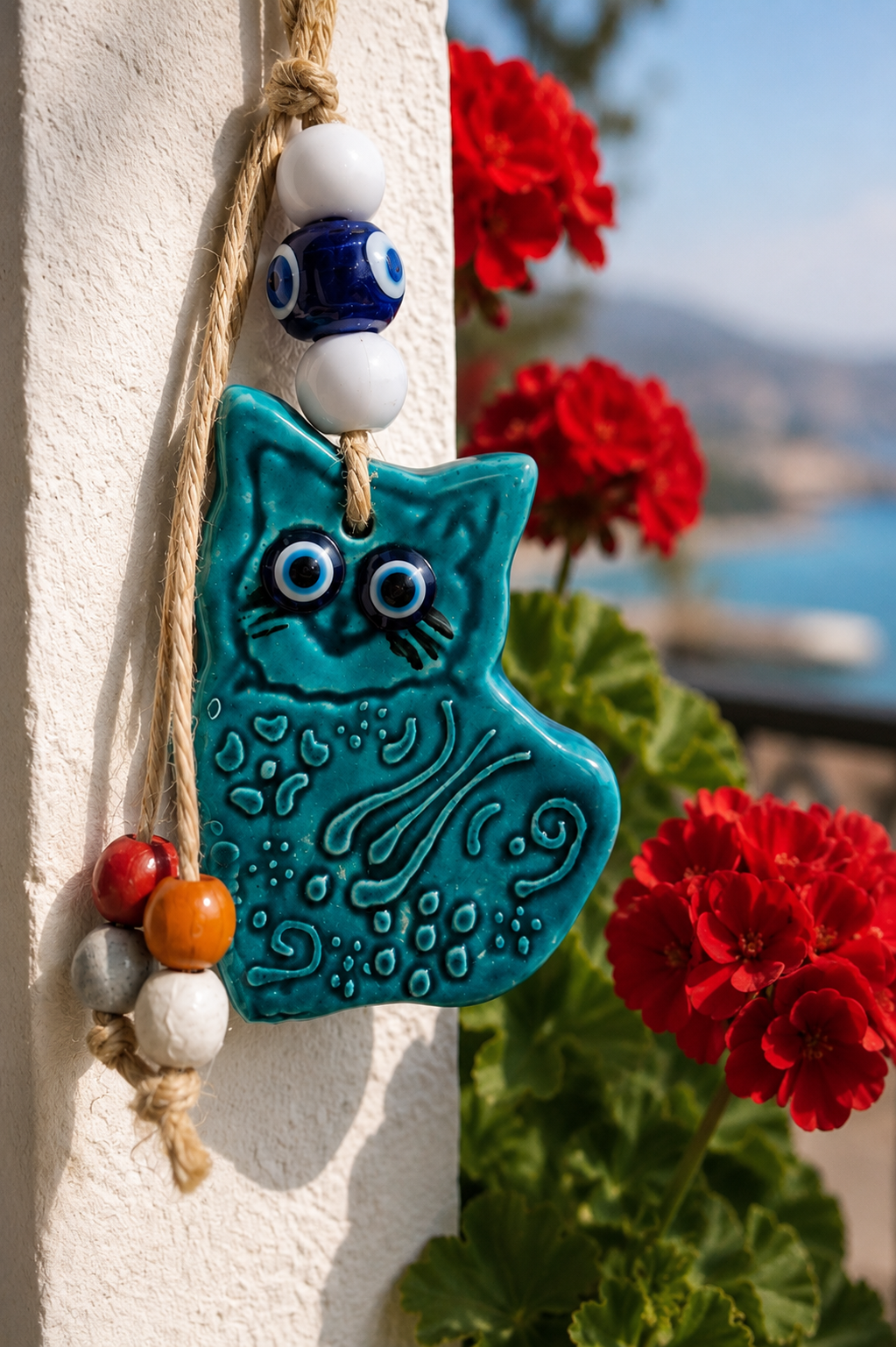 Décoration murale artisanale en céramique représentant un chat avec un œil bleu porte-bonheur (nazar)