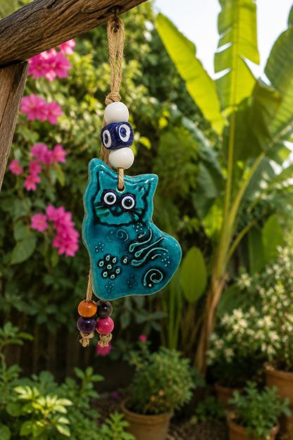 Décoration murale artisanale en céramique représentant un chat avec un œil bleu porte-bonheur (nazar)