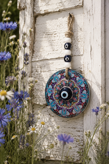 Décoration murale traditionnelle méditerranéenne en verre représentant un œil porte-bonheur