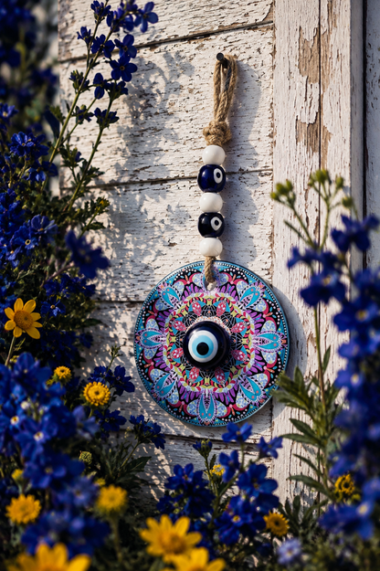 Décoration murale traditionnelle méditerranéenne en verre représentant un œil porte-bonheur