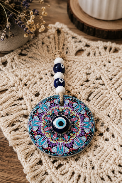 Décoration murale traditionnelle méditerranéenne en verre représentant un œil porte-bonheur
