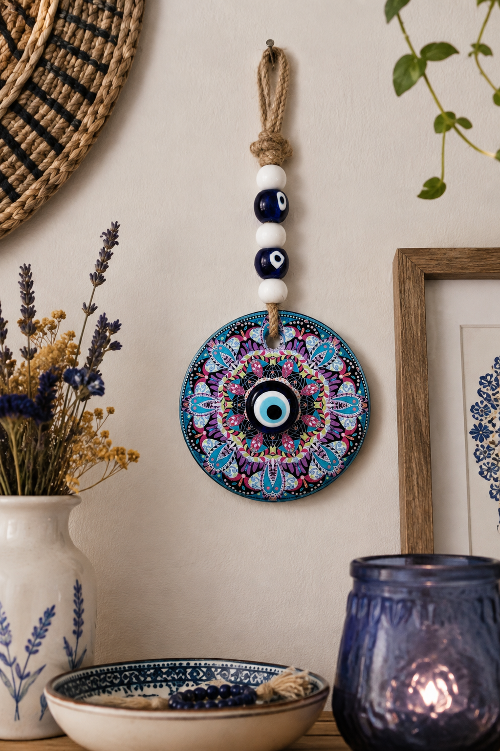 Décoration murale traditionnelle méditerranéenne en verre représentant un œil porte-bonheur
