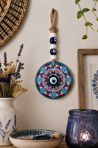 Décoration murale traditionnelle méditerranéenne en verre représentant un œil porte-bonheur