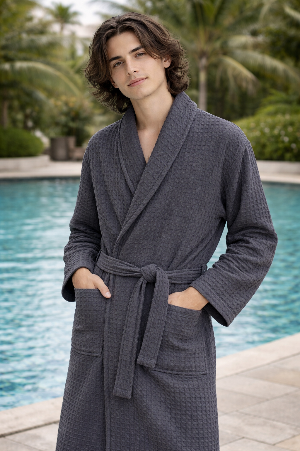 Peignoir de bain gaufré en coton de luxe, unisexe, longueur genou, style spa et hôtel