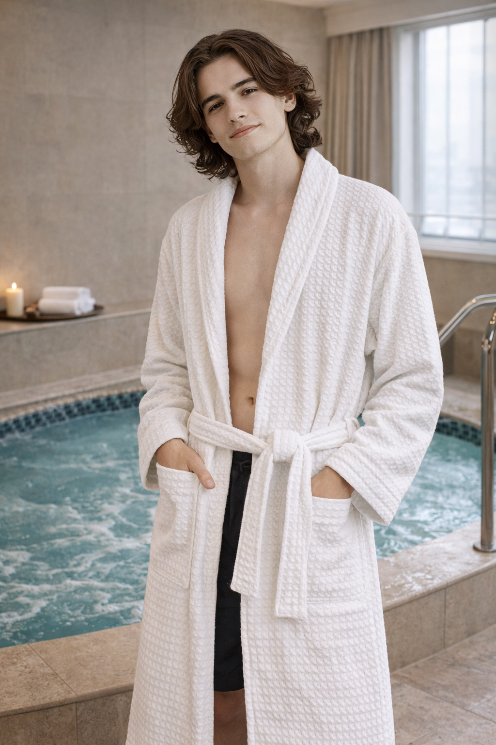Luxury Cotton Waffle Bathrobe, Unisex Knee Length Spa, Hotel Robe