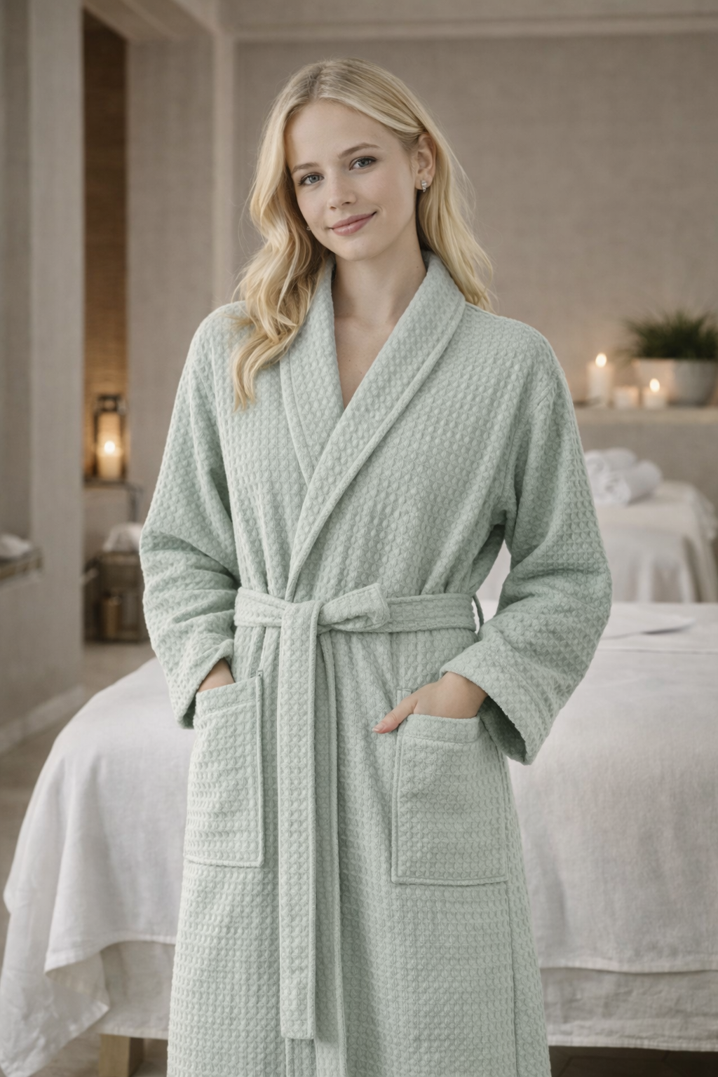 Luxury Cotton Waffle Bathrobe, Unisex Knee Length Spa, Hotel Robe