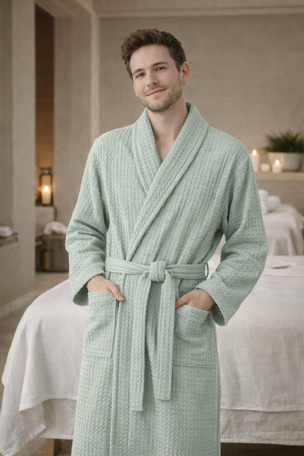 Luxury Cotton Waffle Bathrobe, Unisex Knee Length Spa, Hotel Robe