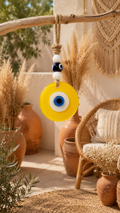 Evil Eye Wall Hanging - Handmade Glass Home Decor, Matte Yello Fusion 7 Inch