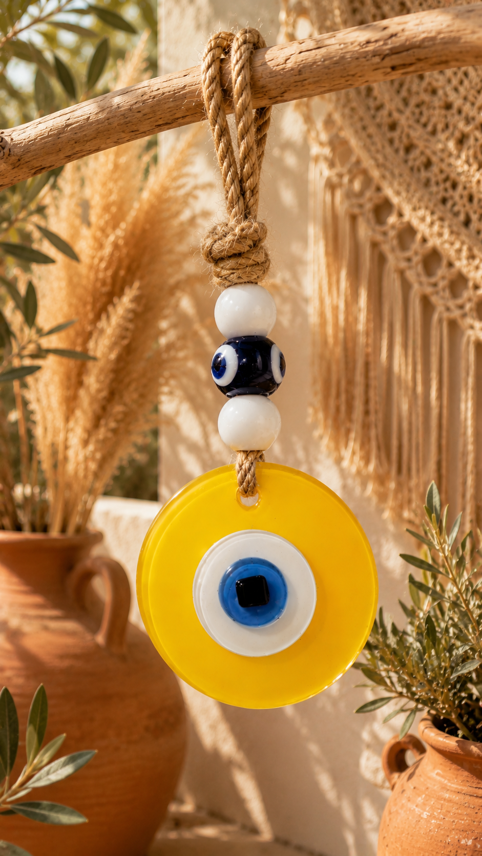 Evil Eye Wall Hanging - Handmade Glass Home Decor, Matte Yello Fusion 7 Inch