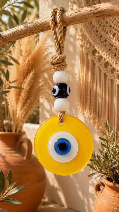 Evil Eye Wall Hanging - Handmade Glass Home Decor, Matte Yello Fusion 7 Inch