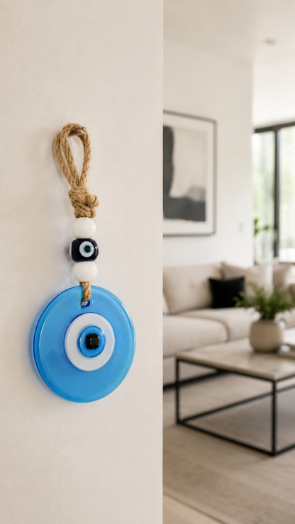 Suspension murale œil porte-bonheur, décoration d’intérieur en verre faite main, fusion bleu mat, 7 pouces