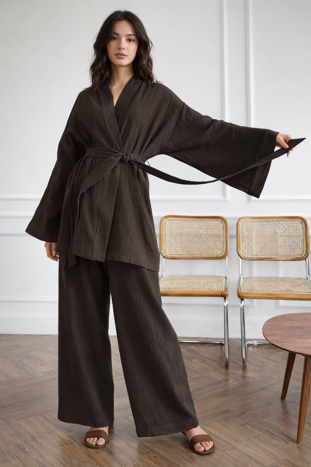 Ensemble en mousseline respirant pour femme, tenue polyvalente au quotidien, marron