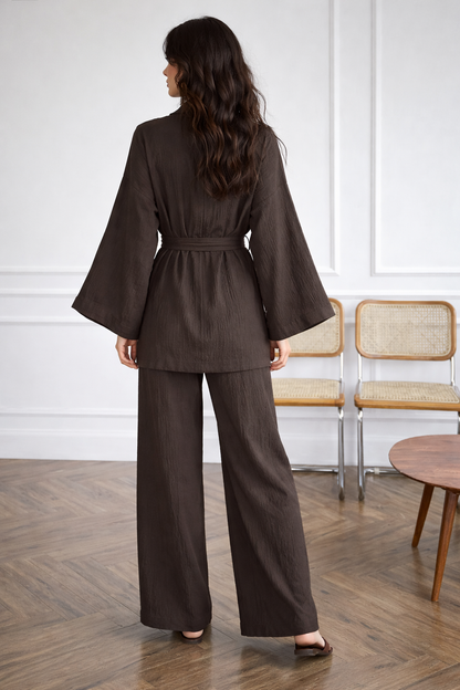 Ensemble en mousseline respirant pour femme, tenue polyvalente au quotidien, marron
