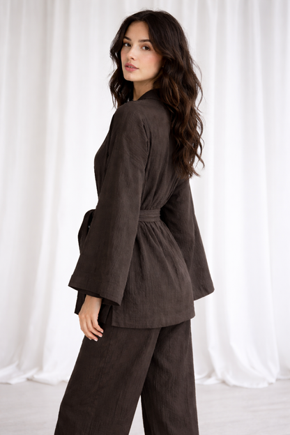 Ensemble en mousseline respirant pour femme, tenue polyvalente au quotidien, marron