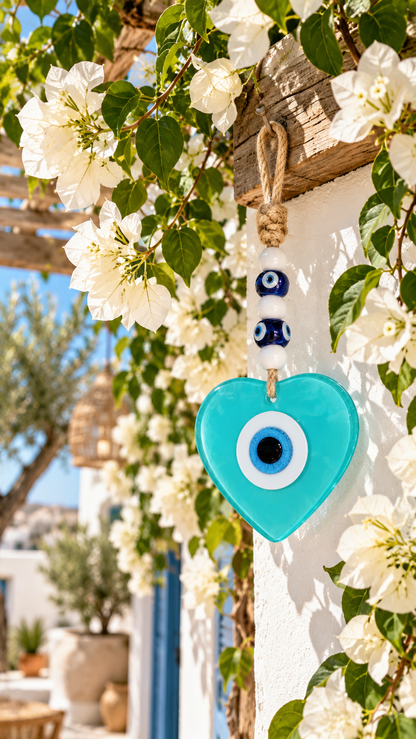 Handmade Glass Evil Eye Wall Hanging Blue Heart Nazar Decor