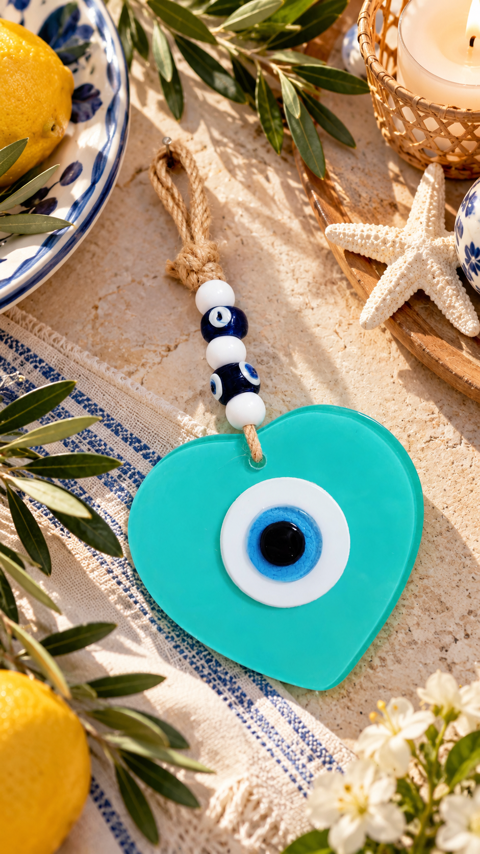 Handmade Glass Evil Eye Wall Hanging Blue Heart Nazar Decor